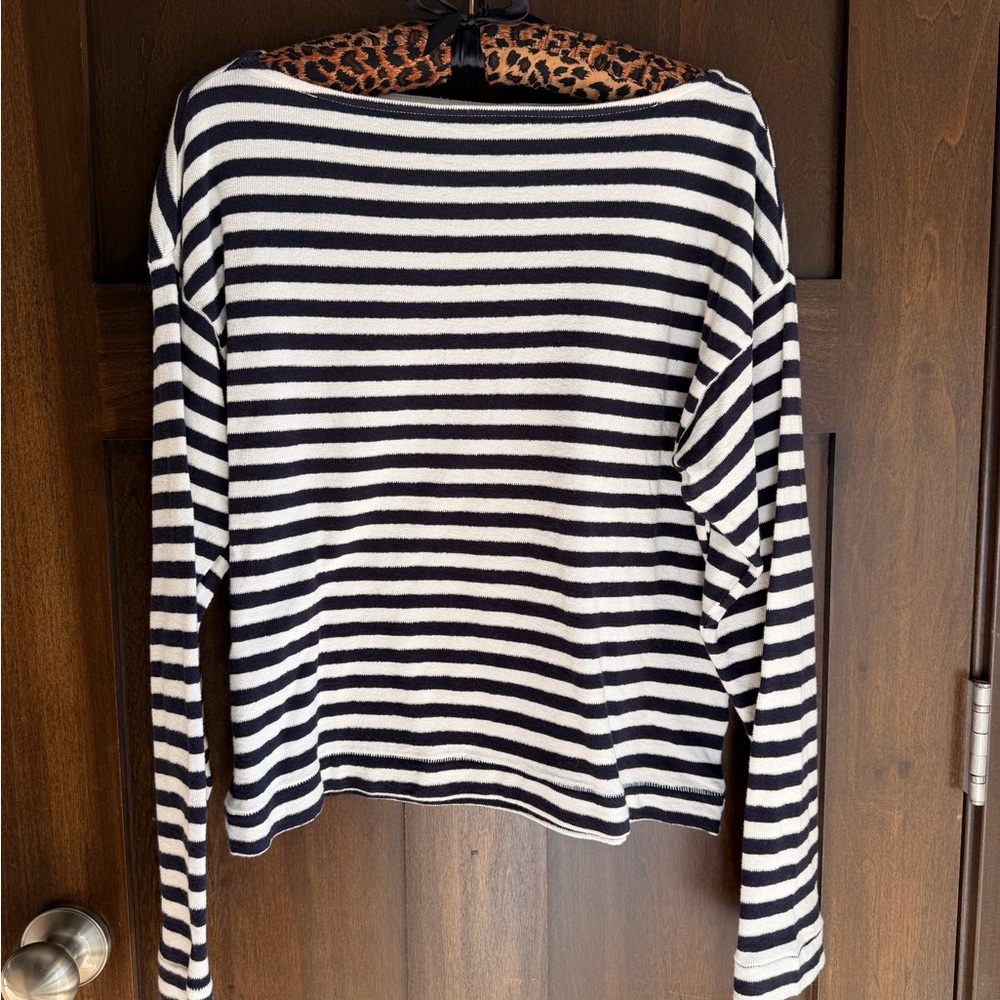 Universal Thread Navy Blue and White Striped Long Sleeve Boat Neck Top
